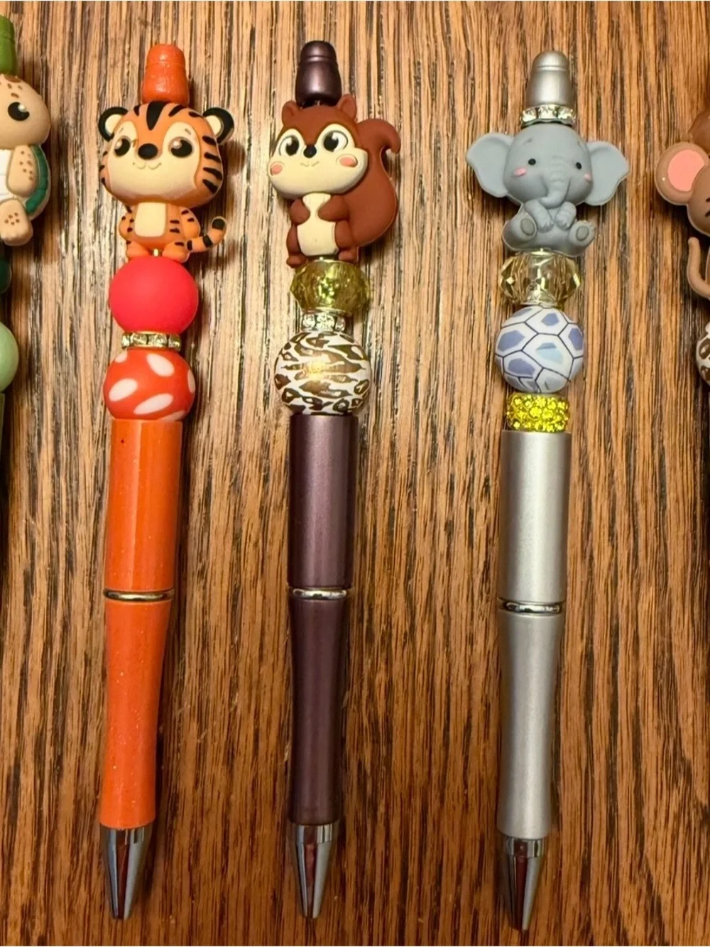Playful Animal Top Ballpoint Pens in Orange, Brown & Silver - Cute Desk Set